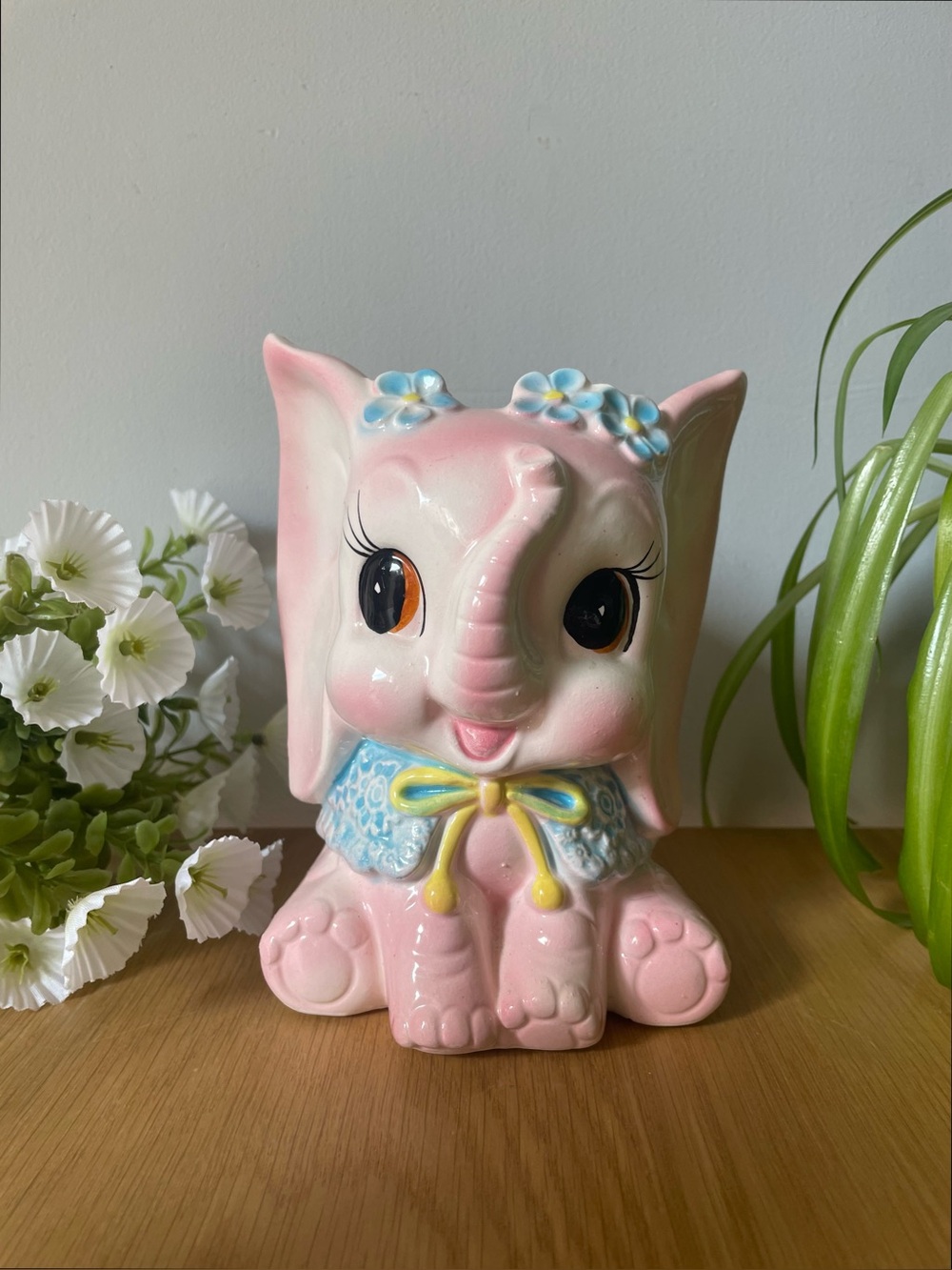 Vintage Midcentury Relpo Ceramic Pink Elephant Planter with Blue Flowers Kitsch